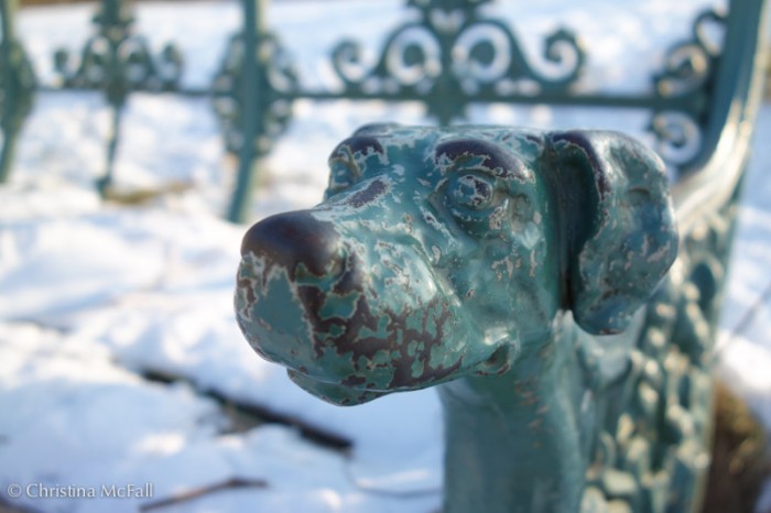 dog head on wrought iron bench at Charlottenburg Schloss Park, Berlin